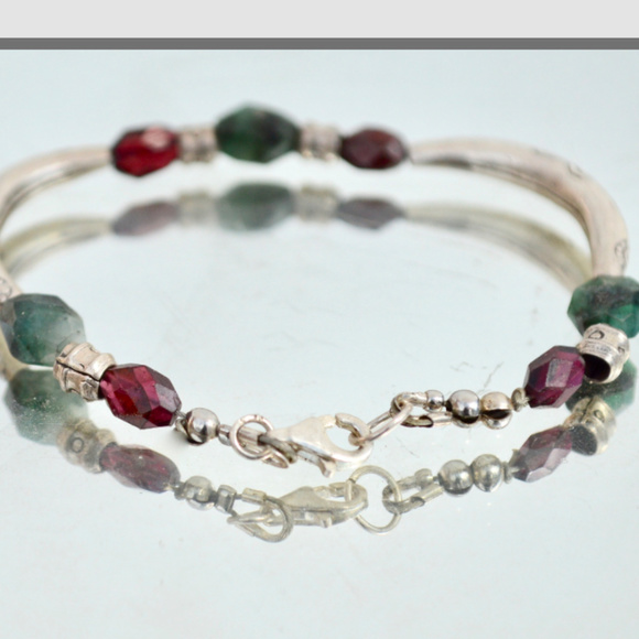 Genuine Emerald Garnet Sterling Silver Bracelet - Picture 4 of 7